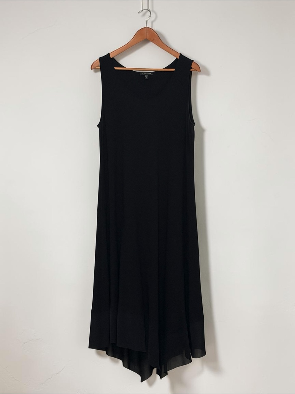 Eileen Fisher Made in USA Black Asymmetric Sleeveless Dress Stretch Sheer Mesh M